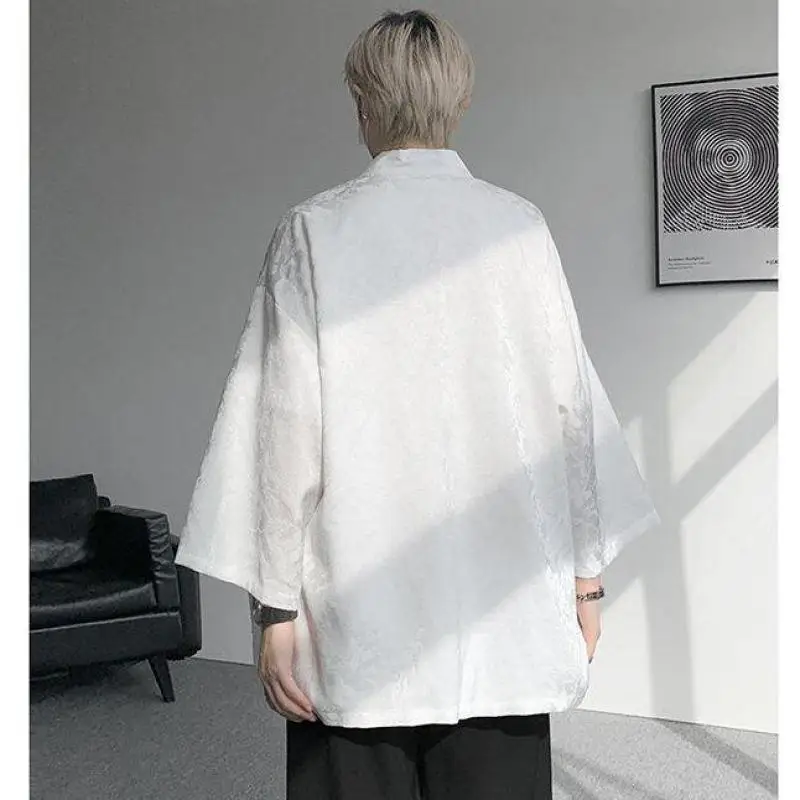 Trendy Men's Jacquard Samurai Cardigan 3/4 Sleeve Lightweight Cover-Up Asian-Inspired Boho Loungewear for Summer Plus Size M-5XL