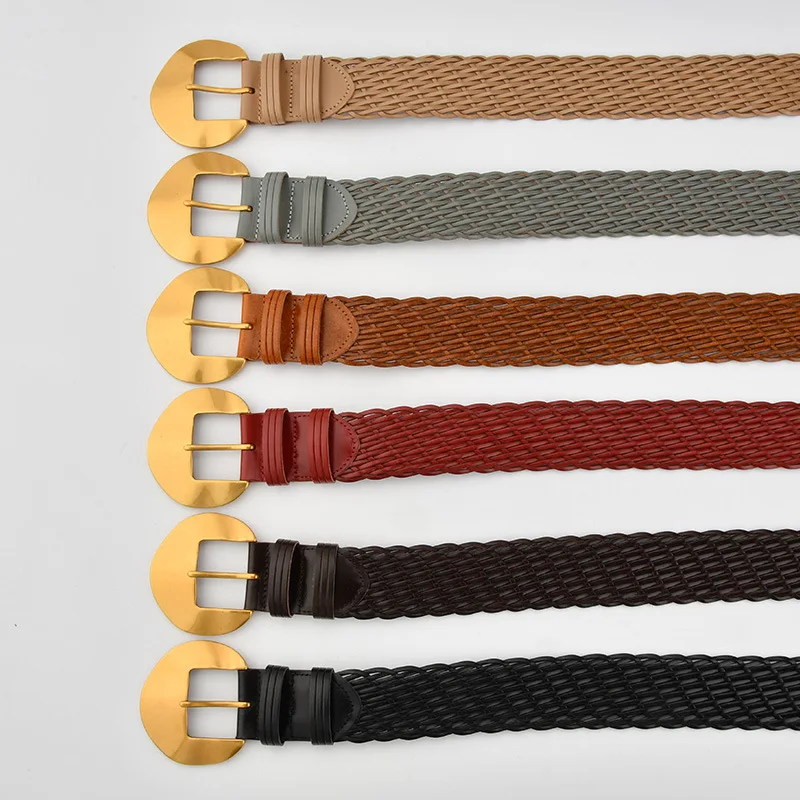 Fashion Ladies Wide Woven Belt Handmade Braided Waistband Round Buckle Vintage Style for Jeans Dress Party Daily Outfits