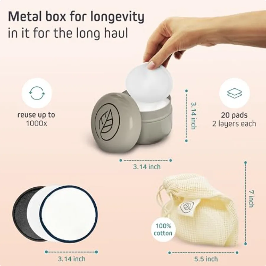 แผ่นเช็ดเครื่องสำอางแบบใช้ซ้ำได้ 20 ชิ้น แผ่นฝ้ายแบบใช้ซ้ำได้พร้อมถุงซักผ้า กล่องเก็บโลหะ เป็นมิตรกับสิ่งแวดล้อม ไม่เป็นขยะ ทำจากไม้ไผ่