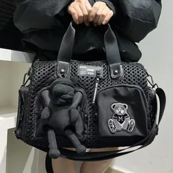 Ladies' fashionable mesh splicing casual handbag with multiple pockets, teddy bear doll, single shoulder diagonal cross bag
