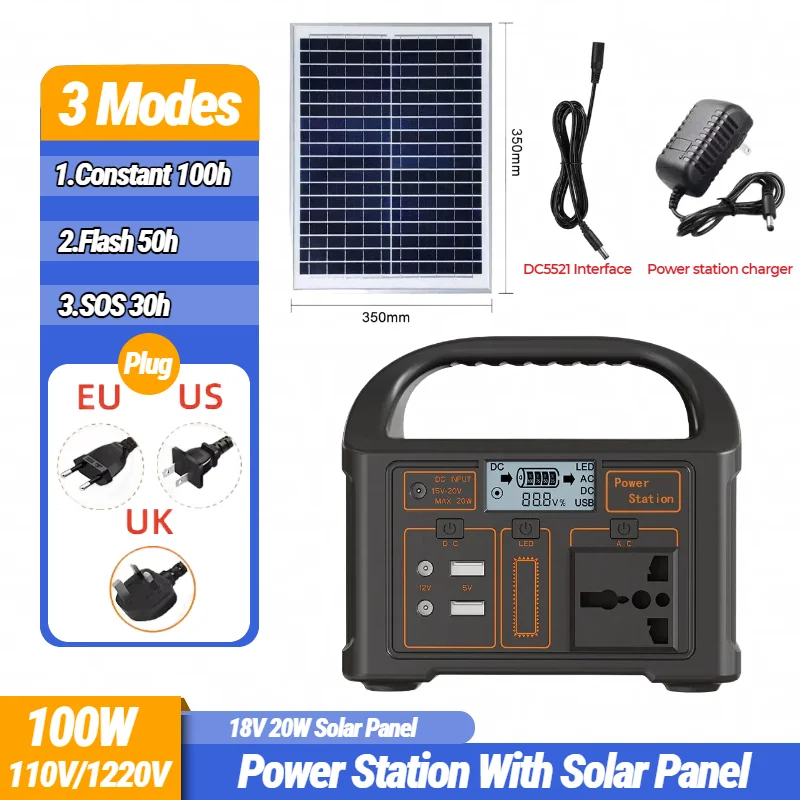 

100W Portable Power Station 24000mAh/76.8Wh LiFePo4 Battery Solar Generator 110V/220V AC for Camping Home Emergency