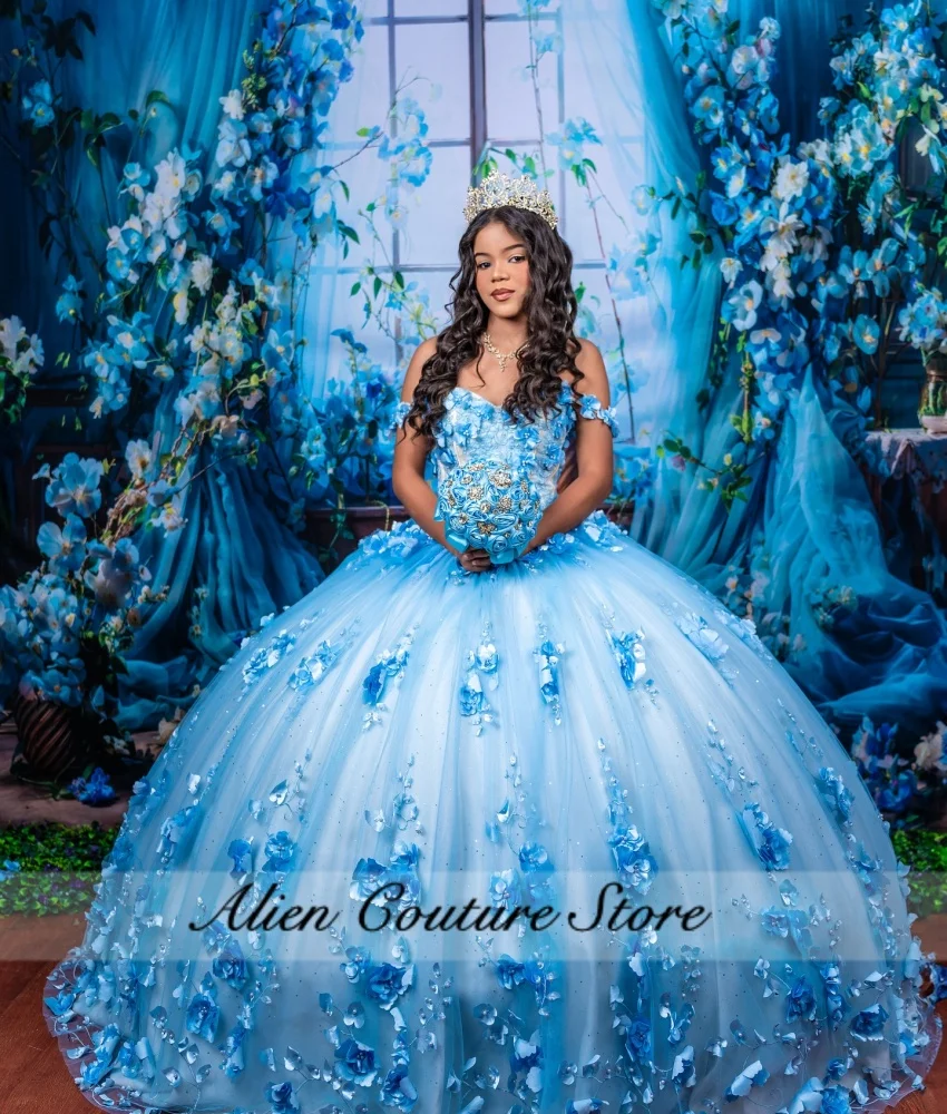 Robes de Quinceanera princesse bleues, appliques de fleurs 3D en cristal de perles, robe Sweet 16, fête d'anniversaire, tenue de soirée, 2024