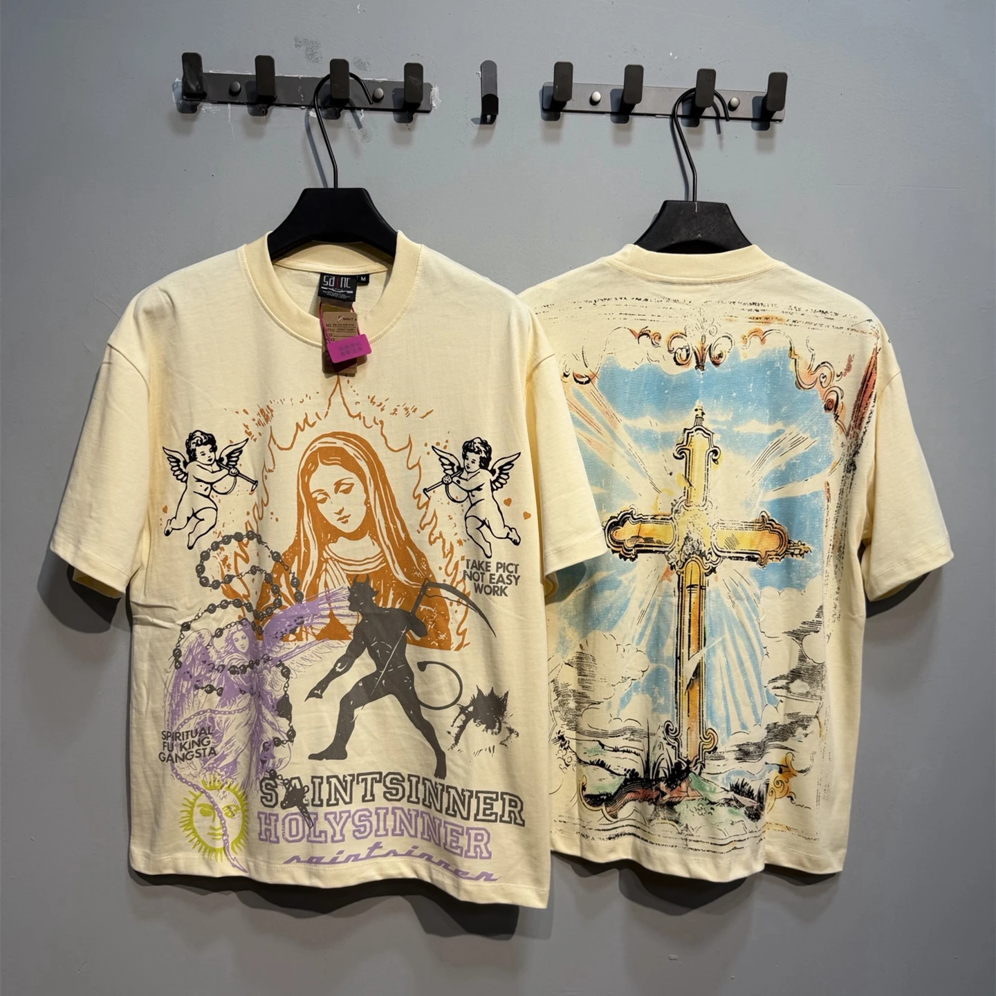 Washed Apricot Virgin Cross Print SAINT T Shirt Men Women Best Quality Tee Tops T-Shirt