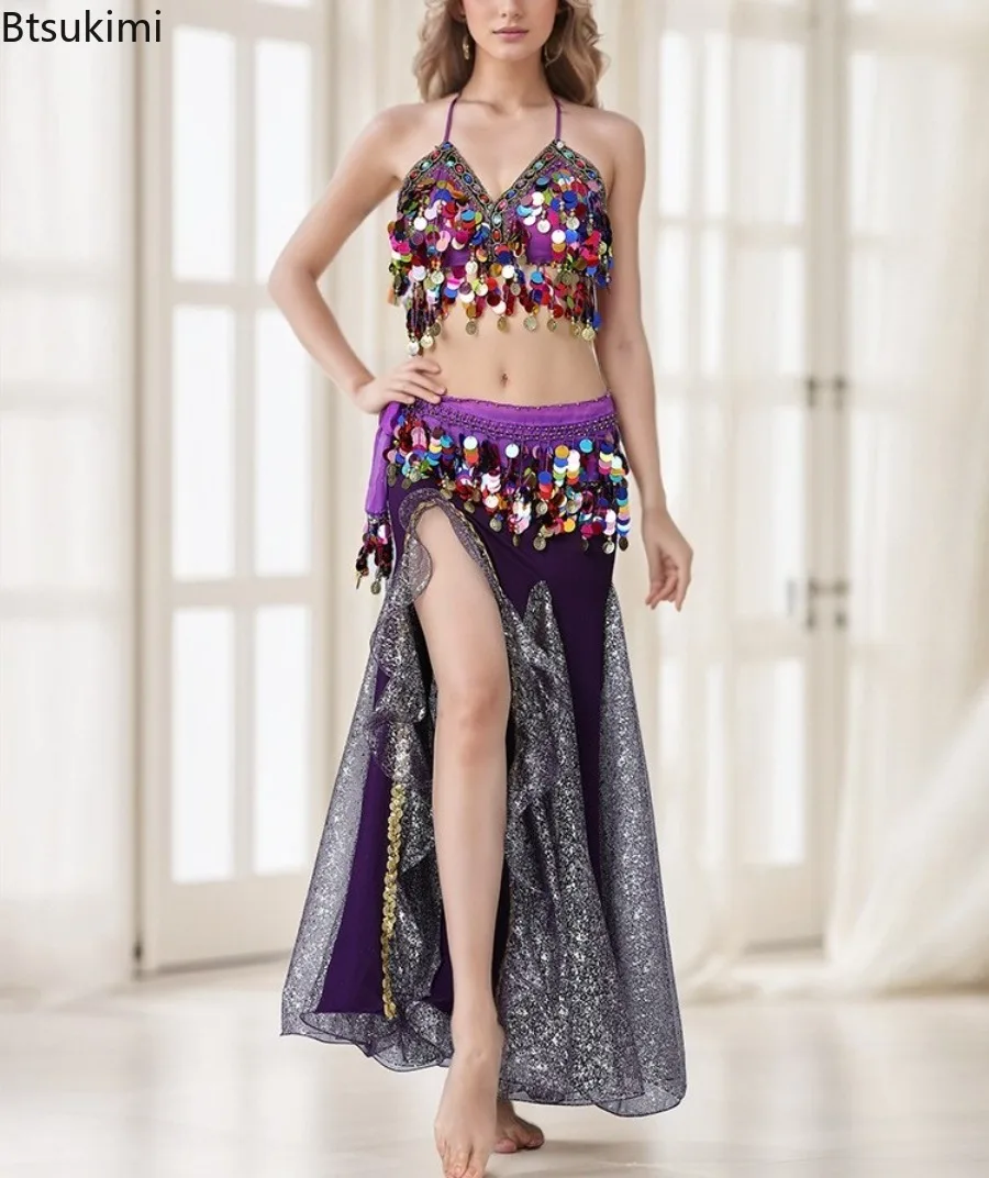 Ensemble de 3 pièces de danse du ventre pour femmes, haut + jupe + chaîne de taille, Costume de spectacle sur scène de danse du ventre pour adultes, Style Tribal exotique