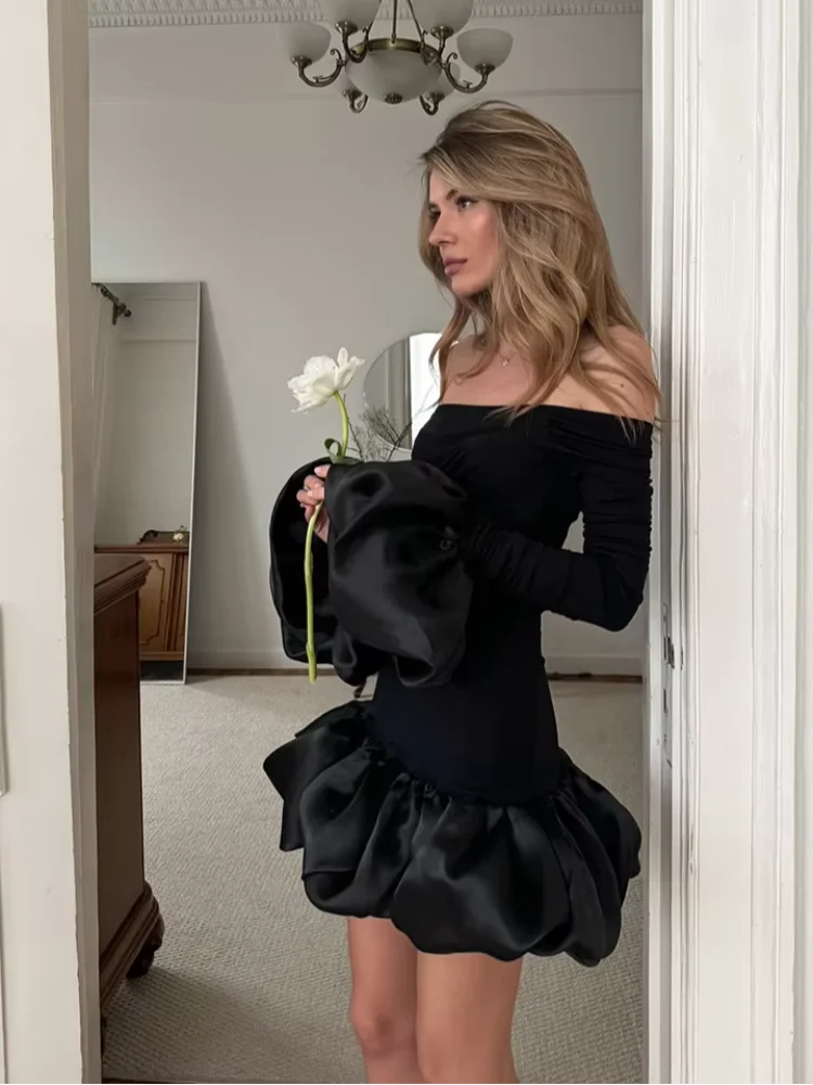 

Черное мини-платье с цветочным принтом на одно плечо, элегантное, с длинным рукавом, приталенное, облегающее, для вечеринок, 2026