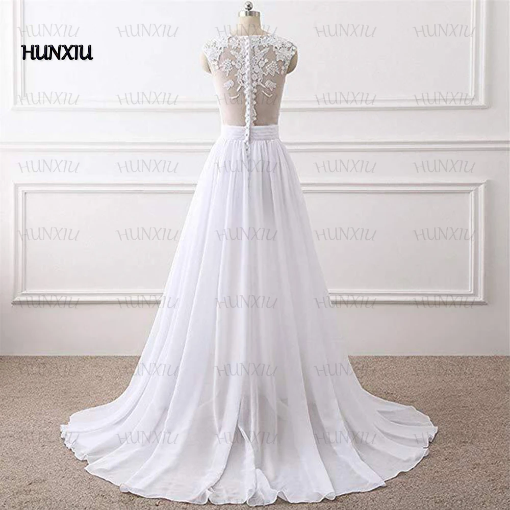 Simple Scoop คอที่ปิดแขนงานแต่งงานชุดชีฟอง A-Line ความยาว Applique Illusion Tulle เจ้าสาวที่กำหนดเอง Mariage Gowns