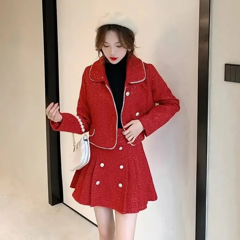 

Insozkdg Autumn Winter High Quality Office Lady Temperament Lapel Beaded Tweed Coat + High Waist Pleated Skirt 2-piece Set Women