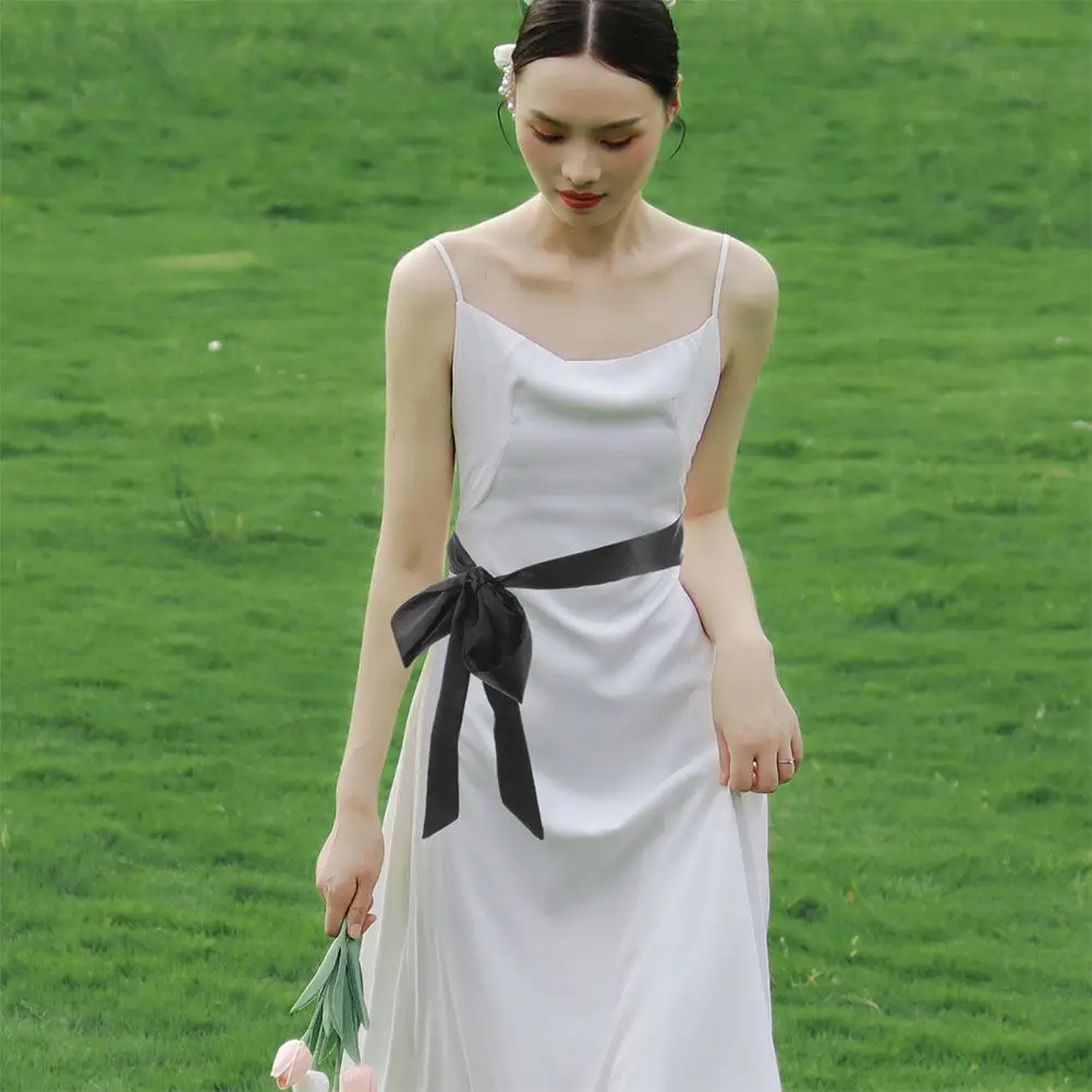 2Pcs Women Silk Belt Black Satin Bow Tie Adjustable Waist Sash Bridal Wedding Evening Dress Accessory Formal Gown Sash image 5