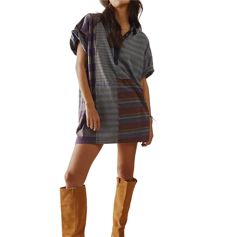 ABP-Donna Babydoll a righe a contrasto Y2k Abito estivo patchwork T-shirt Abito vintage a maniche corte con scollo a V