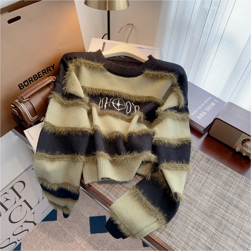 

Stripe Green Cashmere Jacket Women's Clothing Knitting Sweater Round Neck Pullover Vintage Fashion Autumn Letter Printing Tops