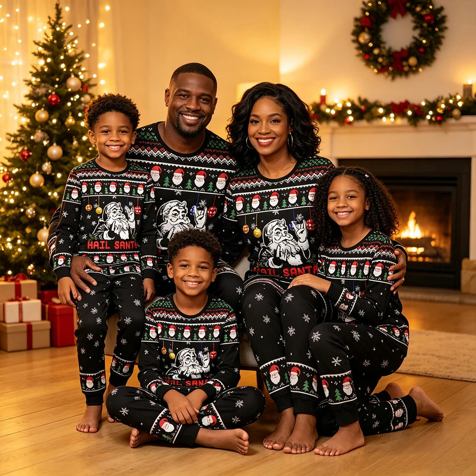 Black Letter Santa Claus Print Family Matching Christmas Pajamas Set Men Women Boys Girls Vintage Loungewear Couple Home Wear