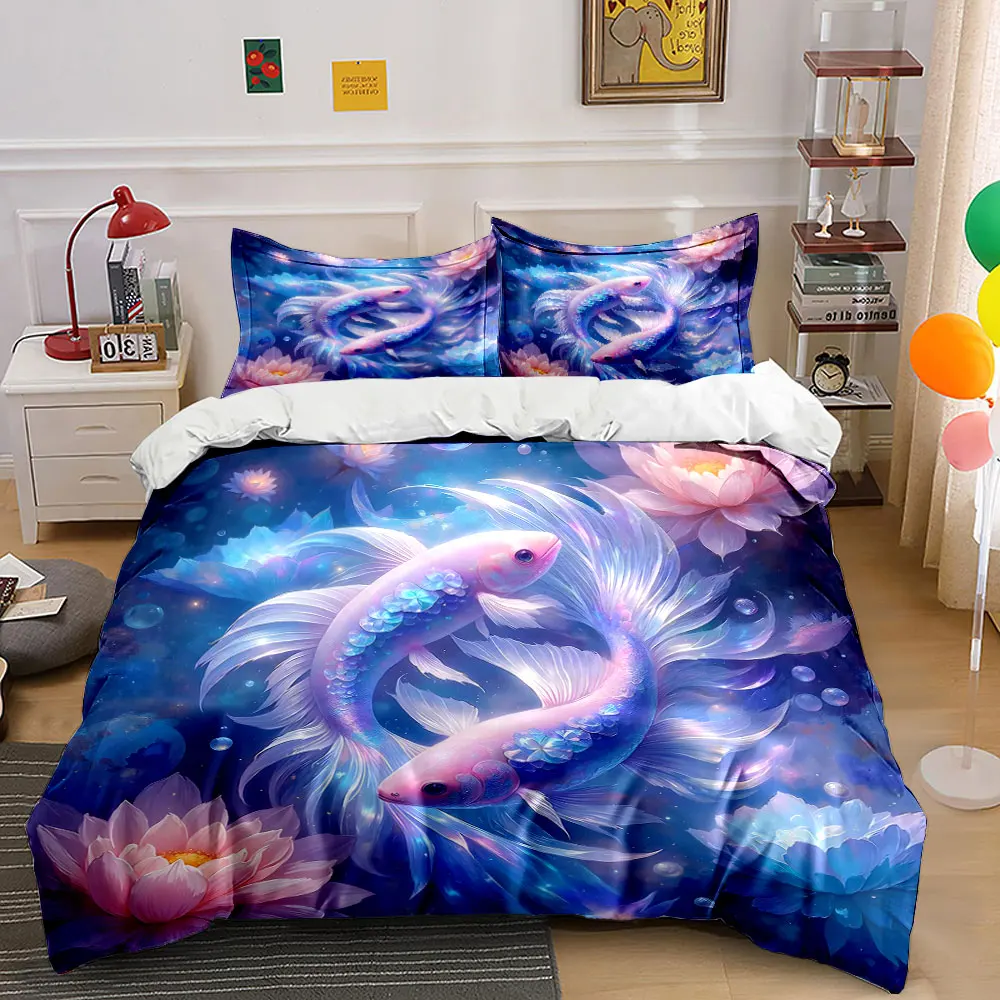 Dreamy Lotus and Vibrant Koi Duvet Cover Set with 3D Printing Design Soft Polyester Bedding Set All-Season Comfort Luxury gifts