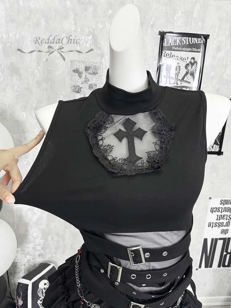 ReddaChic Cut-out Belted Top Stripe Skirt Women Set Grunge High-Low Bustle Skirt Sleeveless Tank Top Punk Music Festival Outfits