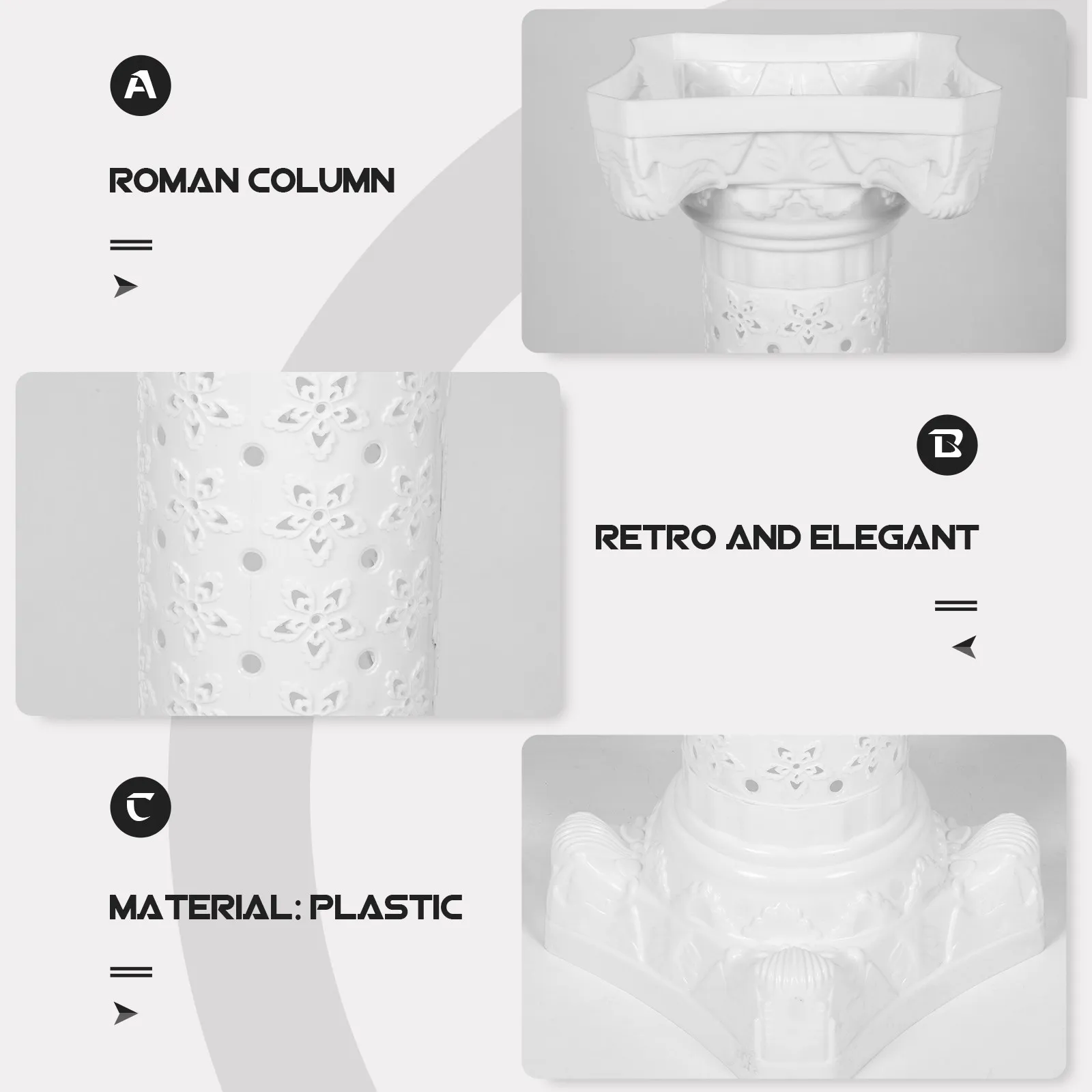 

Decorative Pillar Hollow Roman Column Plastic Flowerpot Stand for Wedding Road Guiding Welcome Area Landscape Enhancement