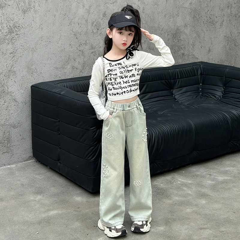 

2024 Summer Girls American Retro Jeans Pearl Embroidered Loose Wide Legged Pants Children's Fashion Versatile Floor mop Trendy