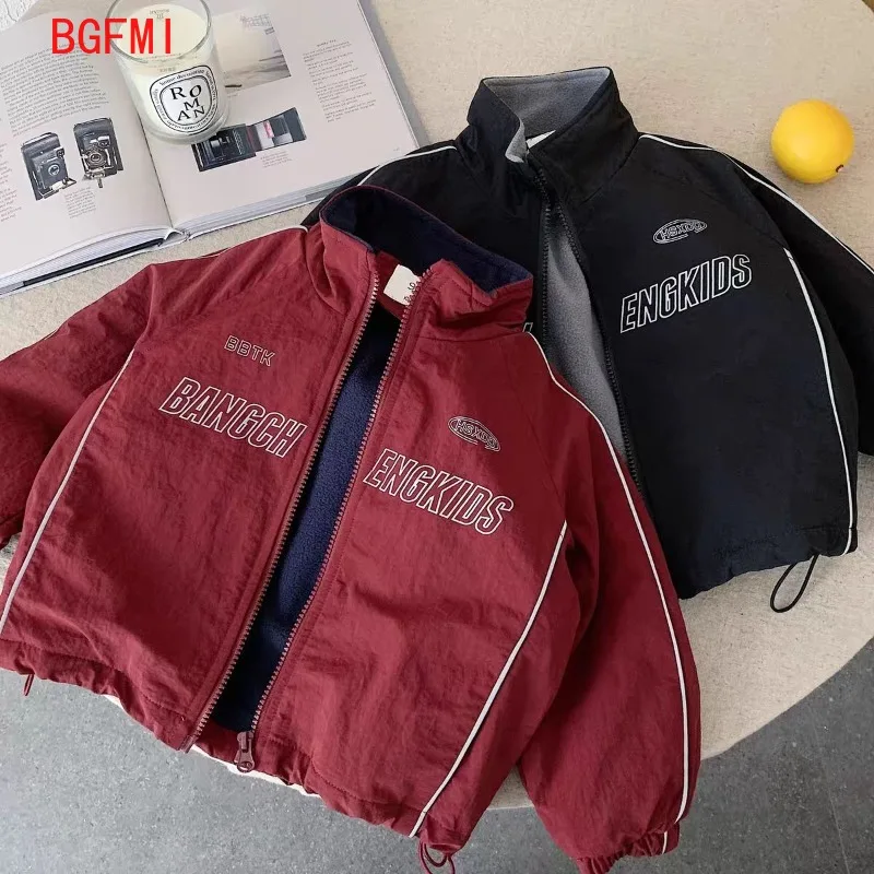 Girl Boy Coat for Fall Winter Plush Thickened 2026 New Thickened Windproof Baby Letter Stand Collar Versatile Zipper Fashion Top