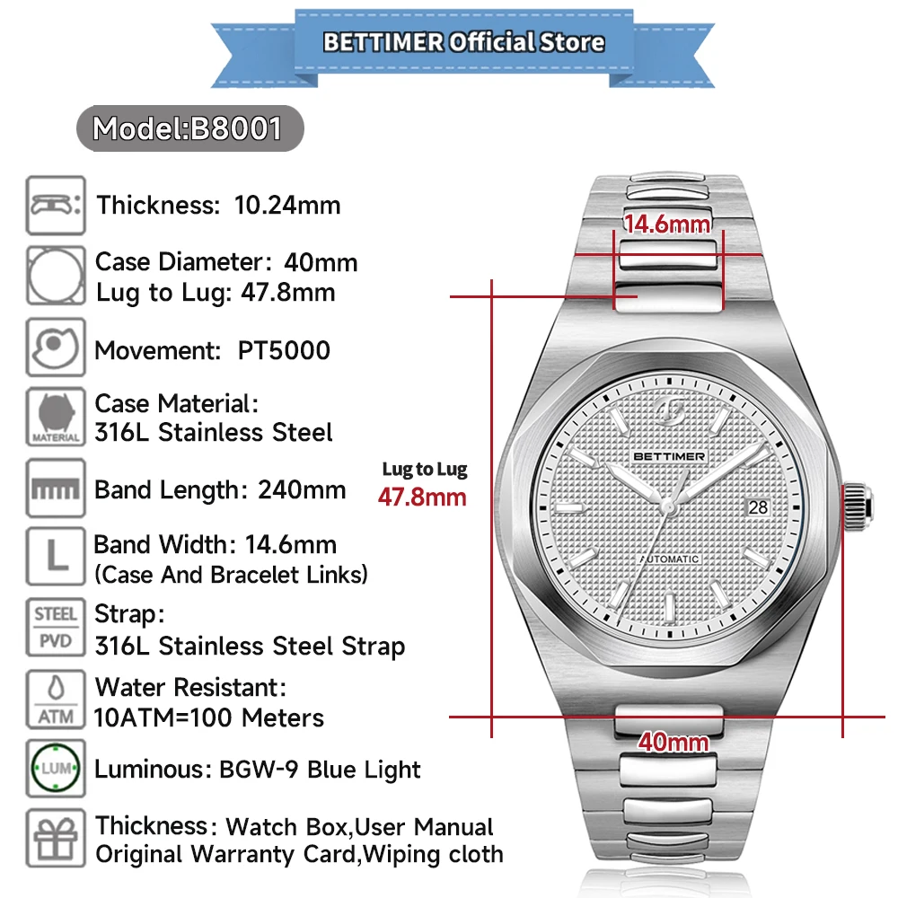 BETTIMER 2024 New Men\'s Mechanical Watches PT5000 Automatic Business 100m Waterproof BGW-9 Stainless Steel Clock watches for men