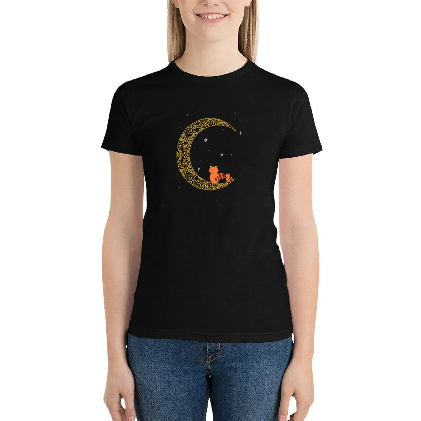 

Crescent moon red panda T-Shirt graphics Short sleeve tee hippie clothes black t-shirts for Women