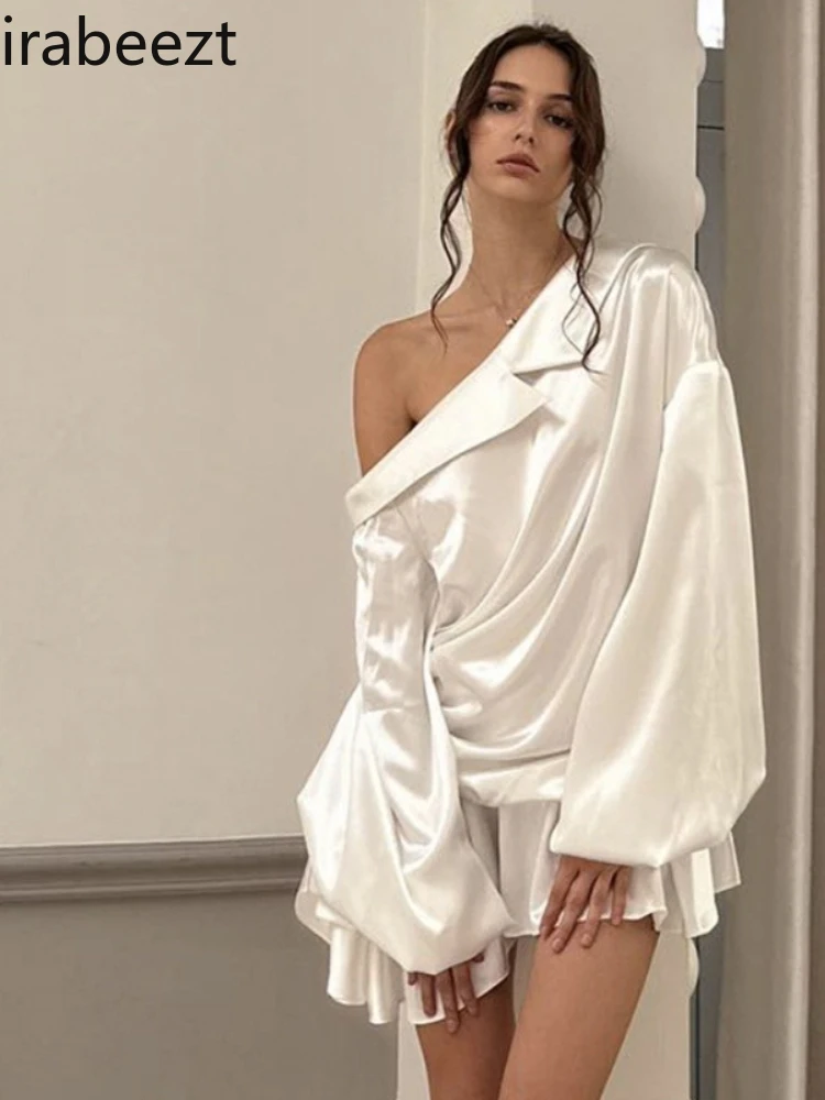 

French Off-Shoulder Satin Dress Women 2025 Elegant Ruffle Asymmetrical Slim Fit Long Sleeve Party Vestidos De Fiesta