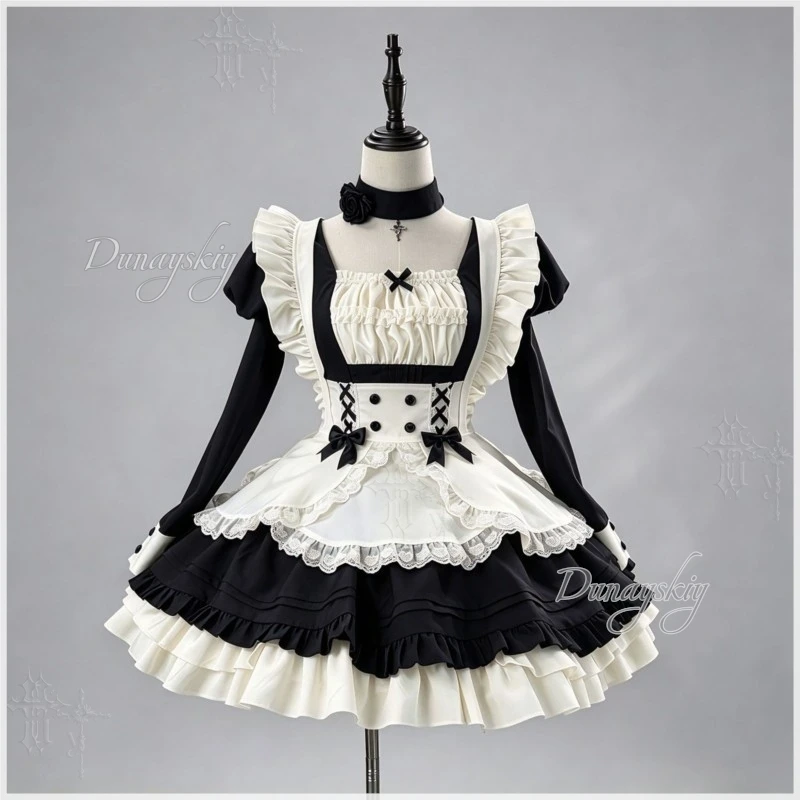 ​​Japanese Ruffle Lolita Dress Maid Costume For Anime Gather Sweet Cool Maid Set Retro Comic Con Role Play Full Outfit Halloween