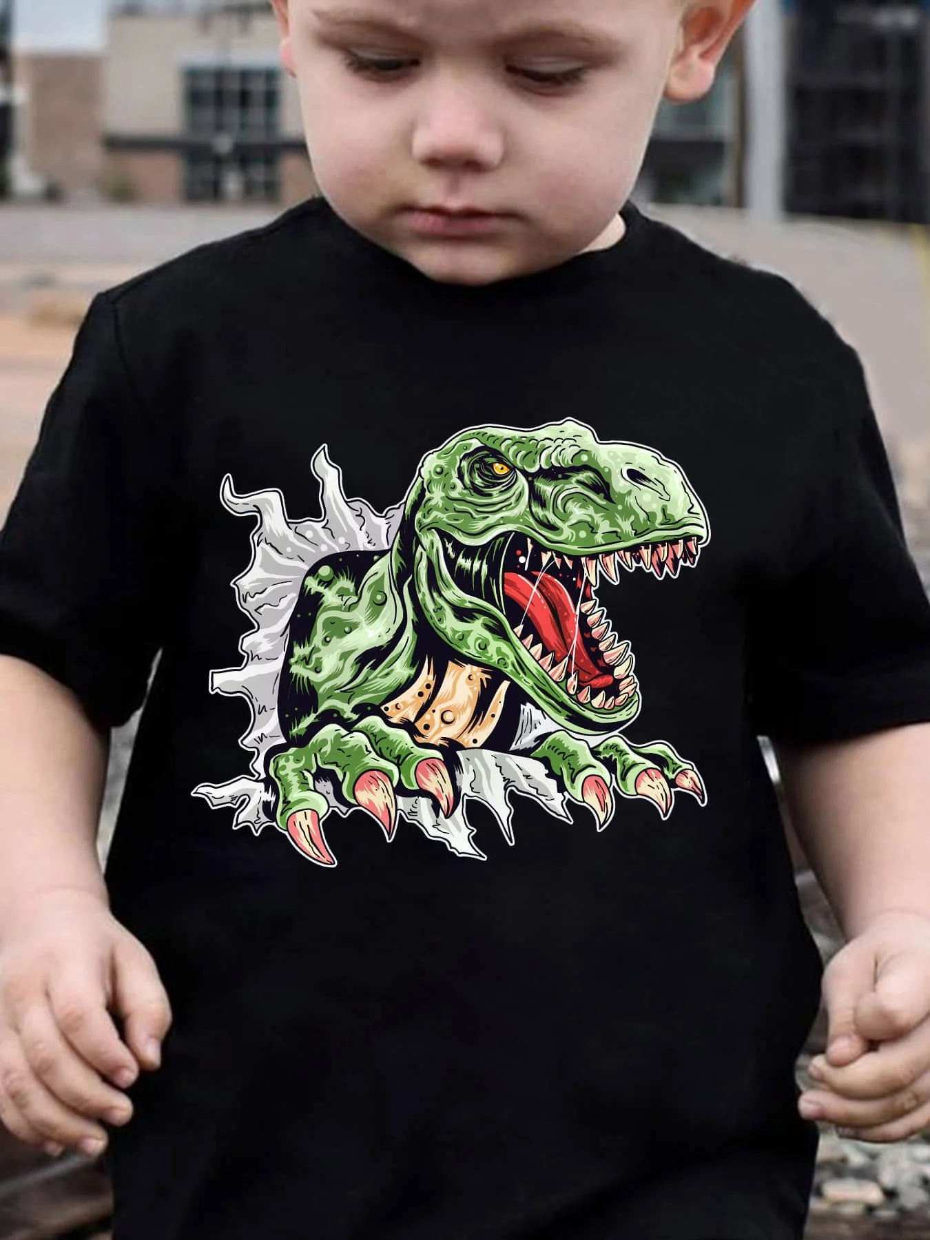 Cute Break Through Dinosaur Print Graphic Kids Tee Boys Girls Family Matching Cotton Crew Neck Short Sleeve Soft Summer Tee