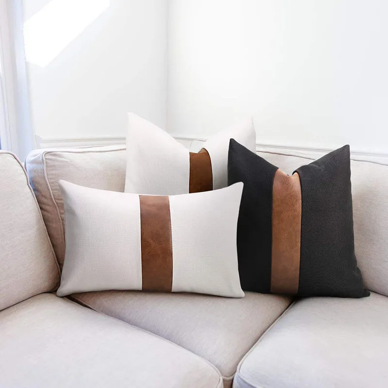 

PU Leather Patch Worked Cushion Cover Cotton Simple Brown White Black Pillow Cover Modern Home Decoration Sofa Bed Hidden Zip