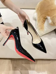 Black high heels, women's slim heels, 2024 new red soled patent leather 12cm professional sexy pointed work shoes