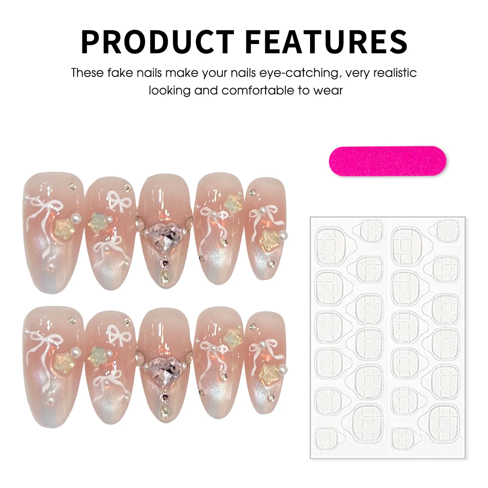 เล็บปลอมแบบกดติดลายผีเสื้อ 10 ชิ้น สีชมพู ประดับเพชรทรงอัลมอนด์ ปลายเล็บแบบขั้นบันได ลายตาแมว สไตล์ฝรั่งเศส