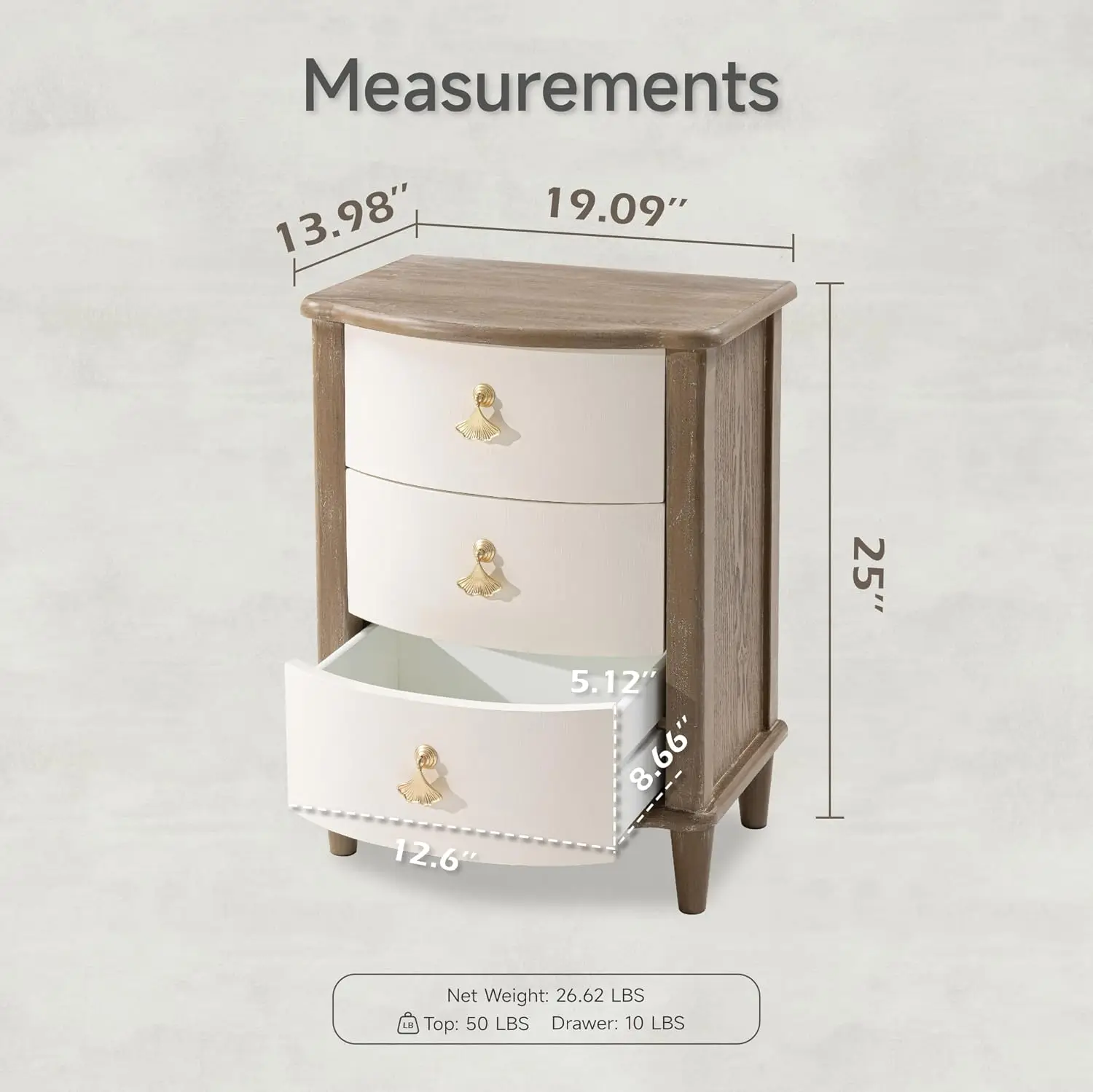 3-Drawer Nightstand Gold Leaf Handle Vintage Curved Front Distressed White & Brown Finish Bedroom Bedside Table, Customized