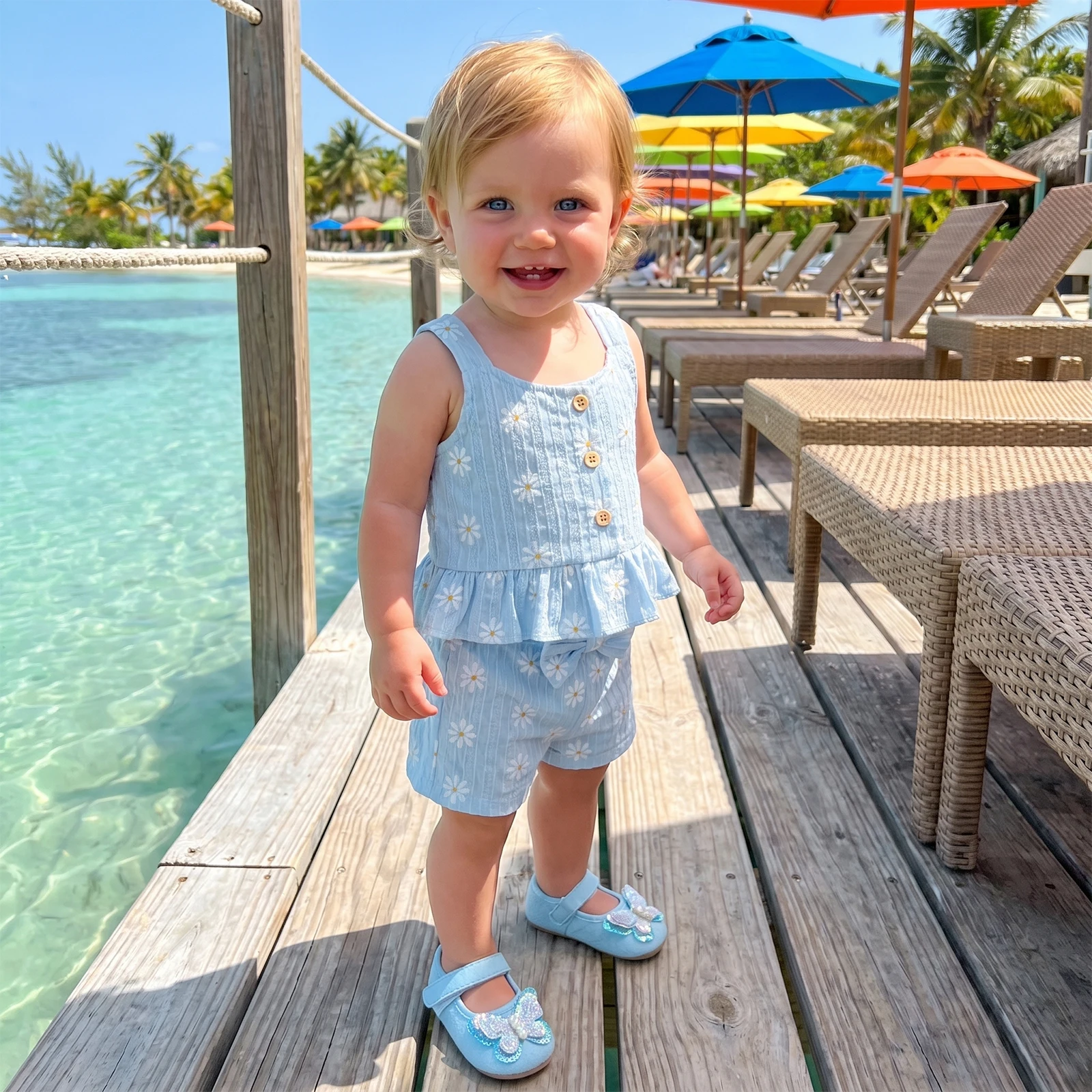 1-4Y Toddler Baby Girl Daisy Shorts Set Sleeveless Ruffled Hem Tops Bow Shorts 2 Piece Summer Girls Outfit Set