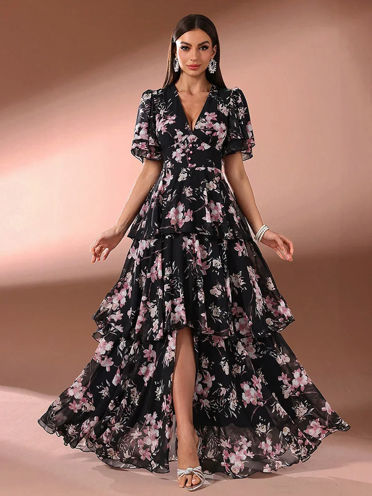 TOLEEN-Women Floral Print Long Maxi Dress, V-Neck Clothing, Ruffle Sleeve, Tiered Hem, Formal Party, Casual Elegant, Summer 2024