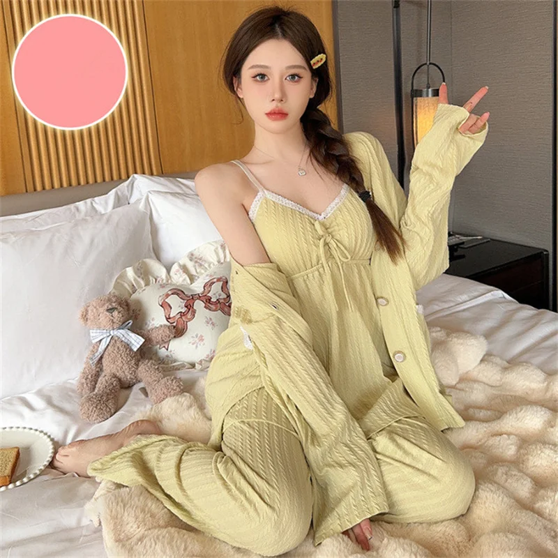 Korean Sexy Pijama Mujer Women\'s Pajamas Set Cotton Comfortable 3 Pieces Sleepwear Chest Pad Home Clothes Winter Pyjamas Femme