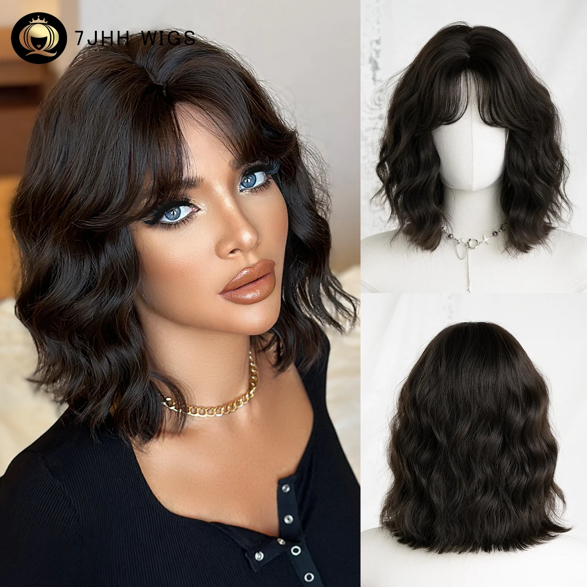 

Волнистый темно-коричневый парик длиной до плеч для женщин, повседневные синтетические черные чайные парики высокой плотности со средней частью и челкой на занавеске