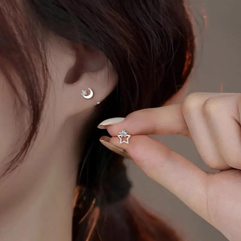 Star Moon Asymmetric Stud Earrings Fade Resistant Cute Fashion Jewelry for Teens Daily Outfit Matching Gift