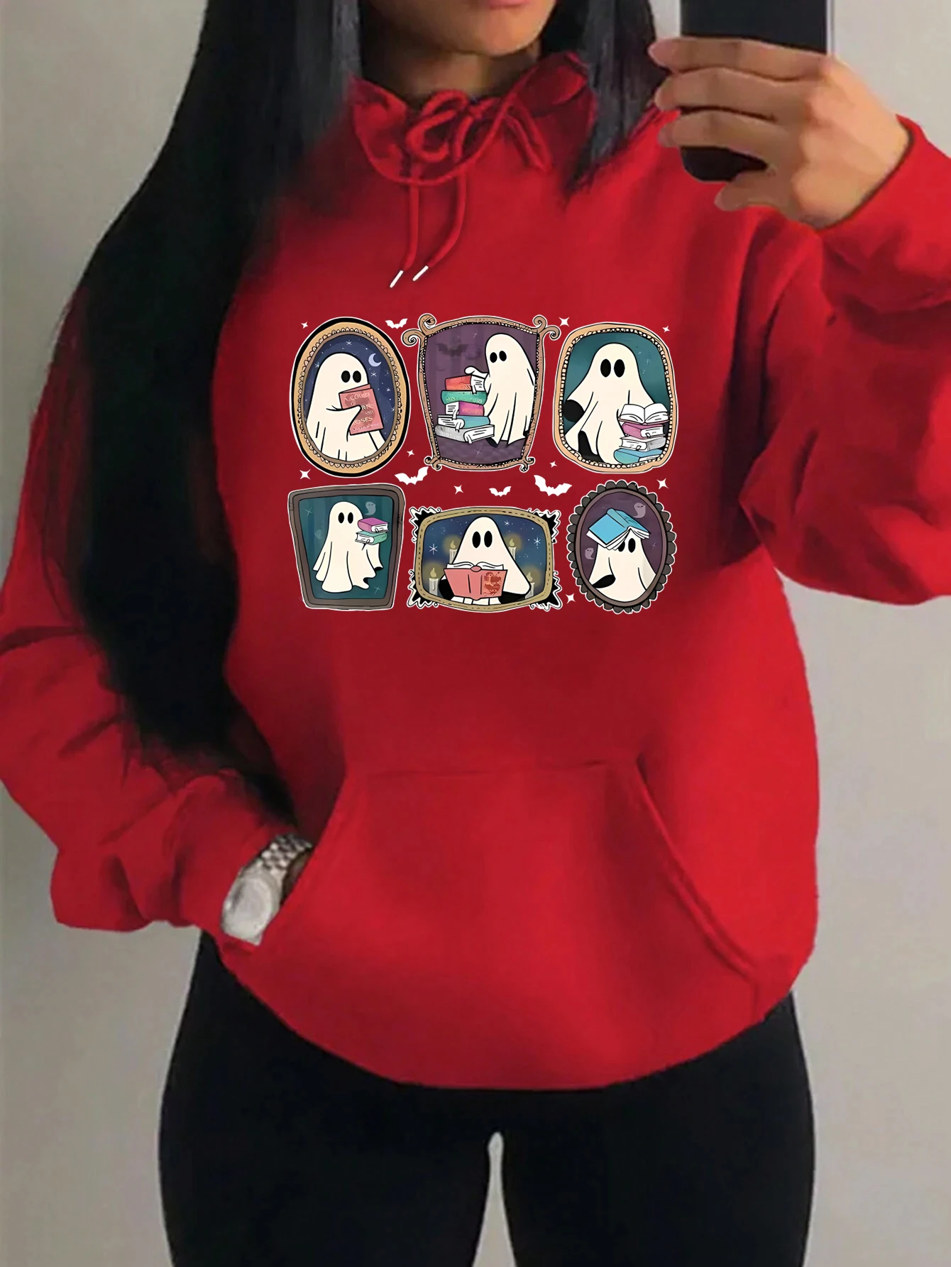 A Ghost Who Loves Reading Books Pattern Women Streetwear Fashion Fleece Clothing Casual Soft Hoody Harajuku Loose Women Hoodies