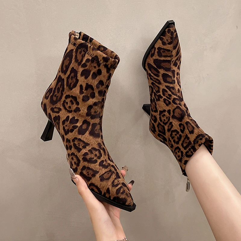 

Women Suede High Heels Ankle Boots Leopard Pointed Toe Stiletto Elegant Women Shoes Winter 2025 Trend Punk Sexy Gladiator Boots