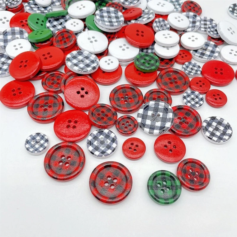 50pcs 15mm Check Pattern Wooden Buttons 4-hole Round Buttons Christmas Doll Accessories Handicrafts Buttons