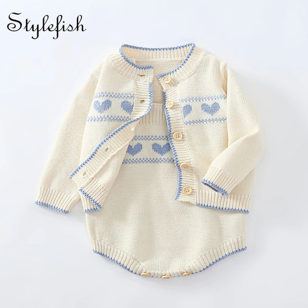 

2022 autumn winter suit baby coat jacquard love suit baby romper+ coat