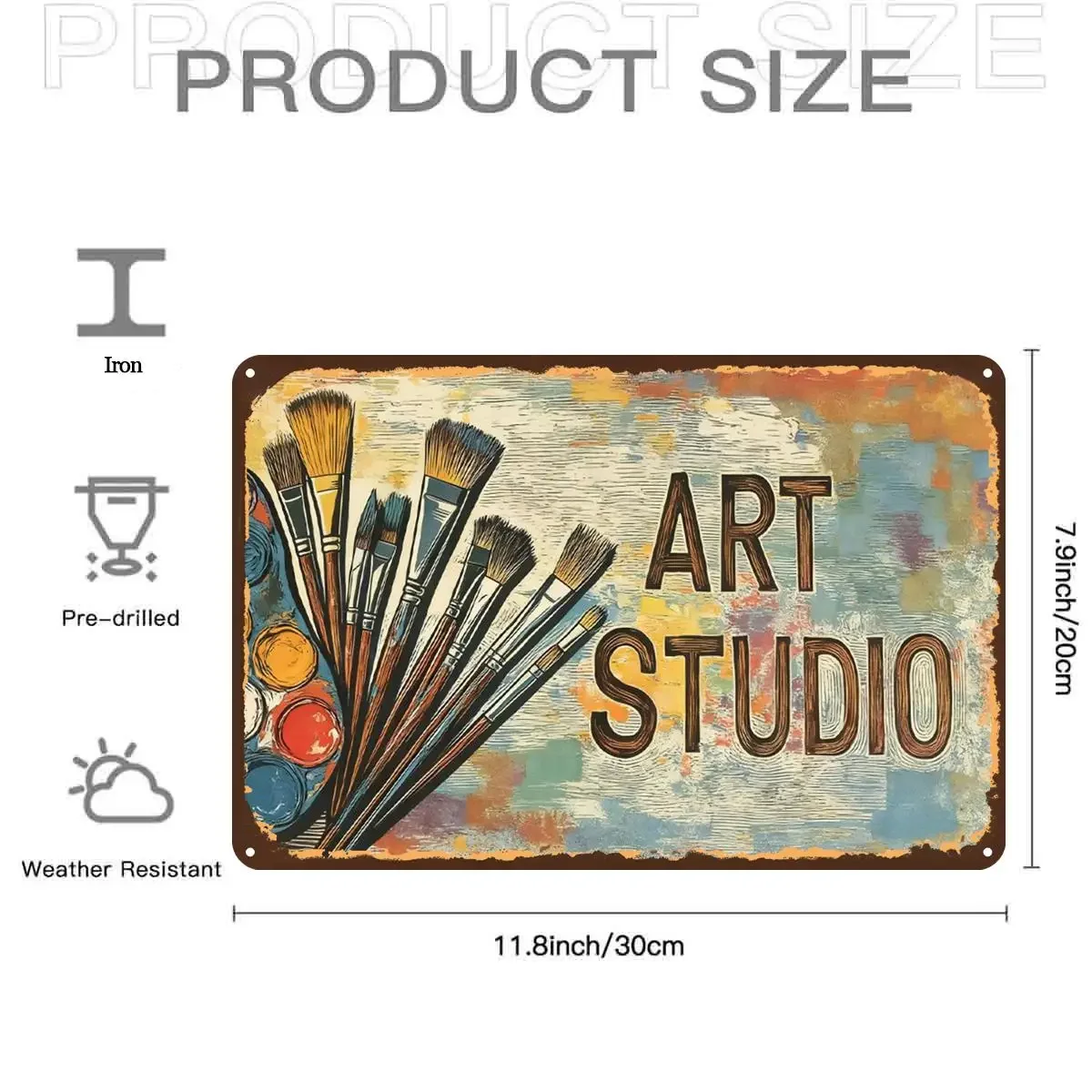 2D Flat, 2D Flat,1pc,Art Studio Paint Brush SignMetal Iron Sign, Pre-Drilled Holes, Suitable for Indoor, Garden,Outdoor, Home, O