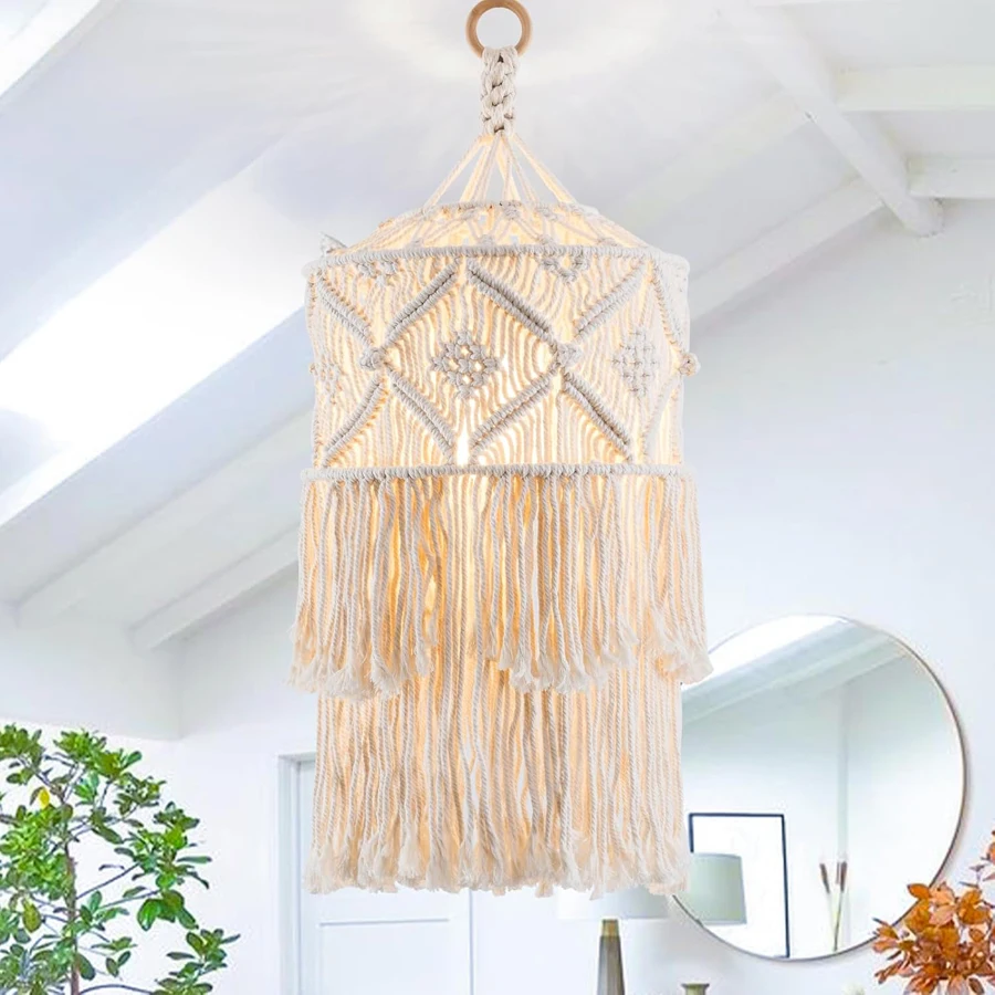 Imagem -05 - Boho-woven Macrame Lamp Shade Pendurado Abajur Plug-in Pendant Light Luminárias para Cozinha Decoração da Sala Besidelamp Cover