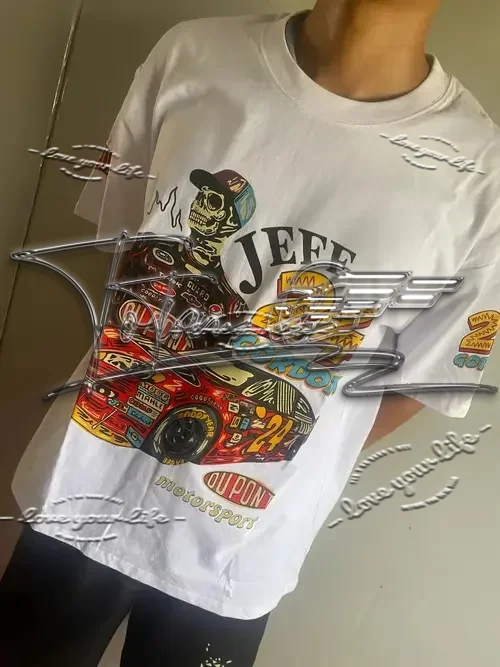 

Новое поступление лета, мужская и женская футболка в стиле ретро с рисунком черепа, уличный стиль, модная футболка с короткими рукавами в американском стиле ретро с надписью