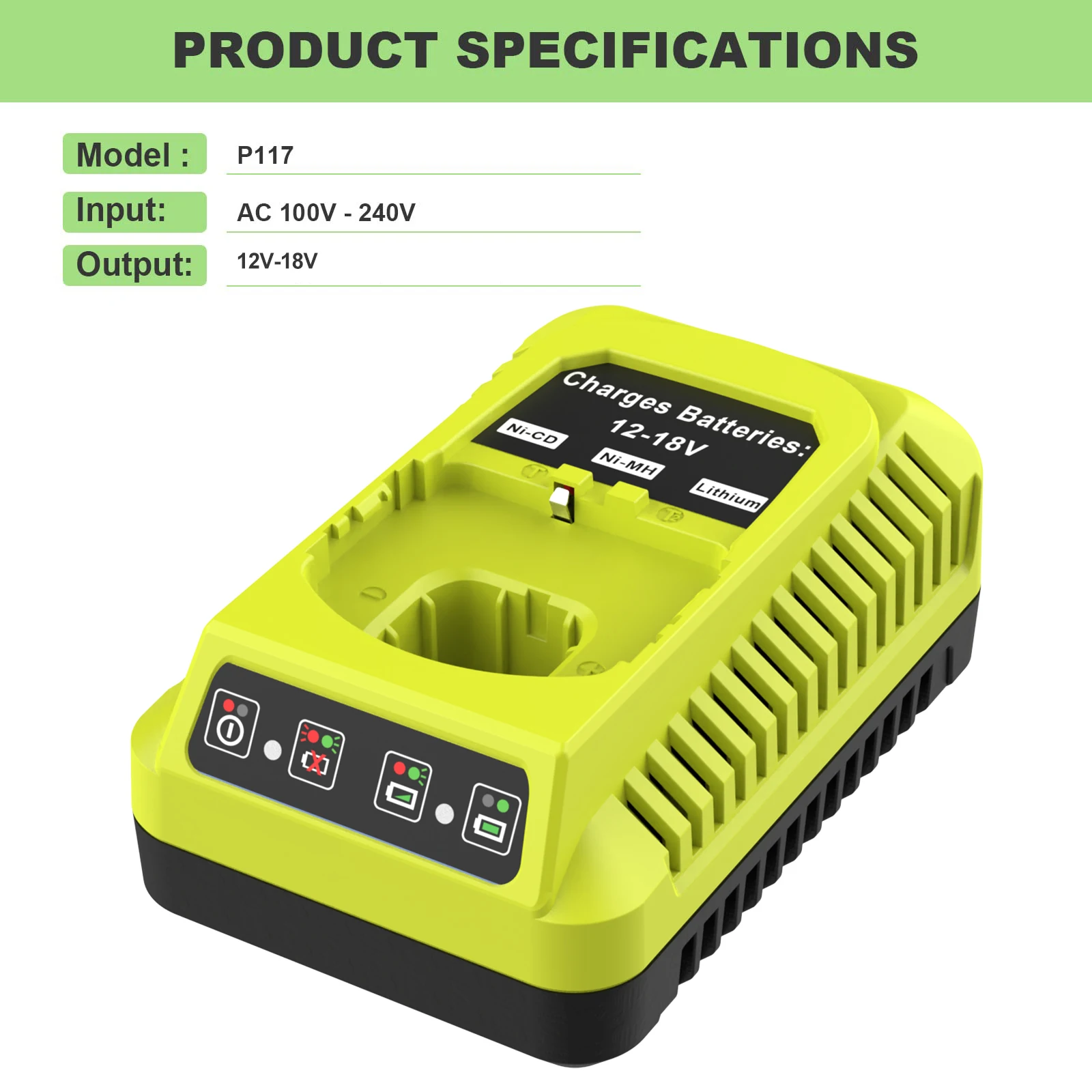 P117 3A Battery Charger Compatible For Ryobi 12V-18V Ni-Cd Ni-Mh Lithium Battery Charger with LED Indicator Replacement Charger