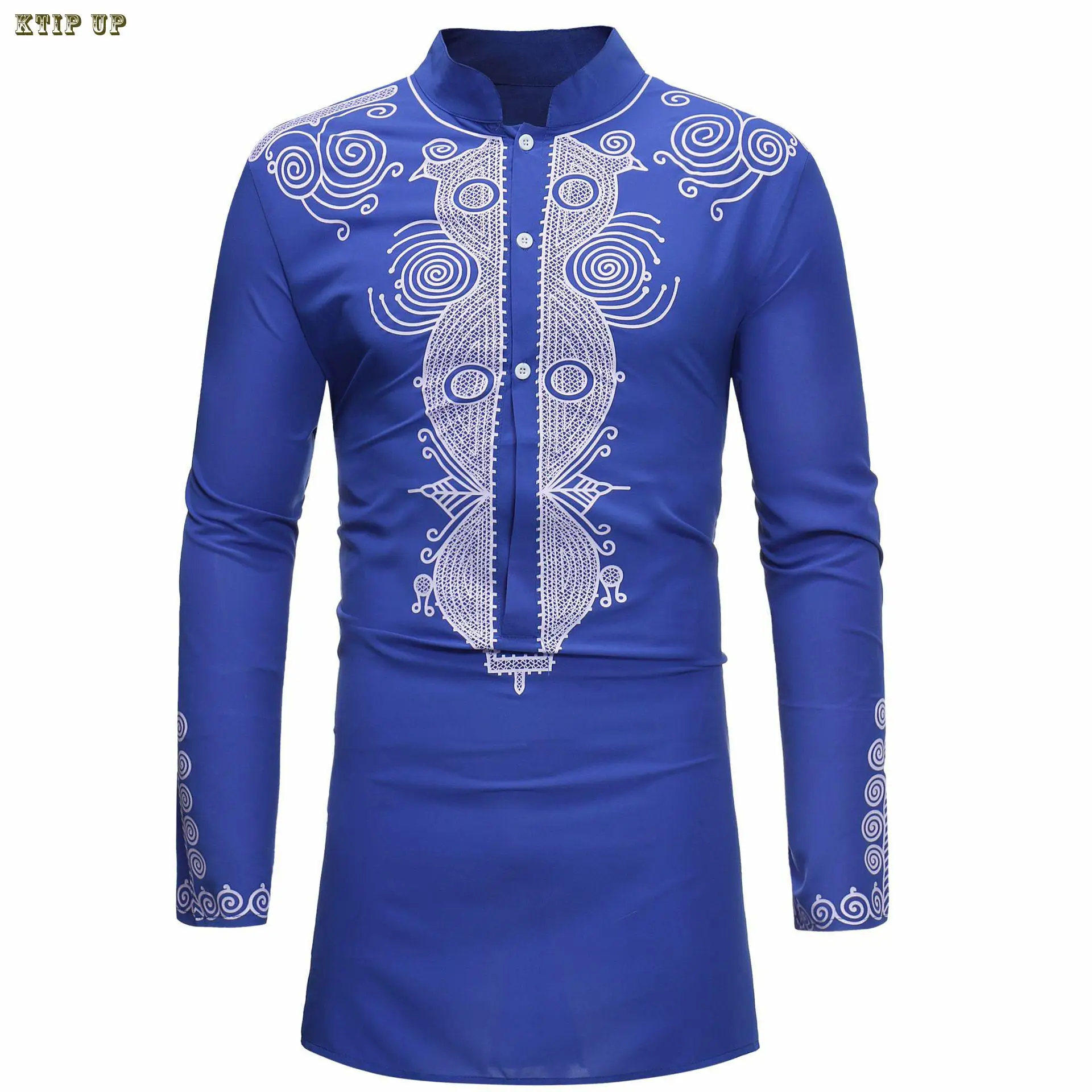 Luxury Casual Islamic Arabic Abaya Robe Fashion Ethnic Print Stand Collar Youth Mid-length Shirt Coat Muslim Men Clothing Kurta