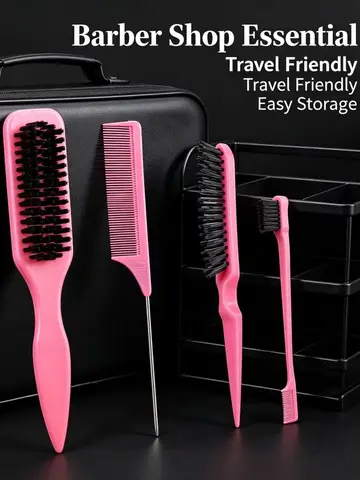 4Pc Boar Bristle Slick Back Hair Brush Set For Sleek Ponytail Bun Smoothing Baby Hairs,Flyaways,Edge Control Backcombing Teasing