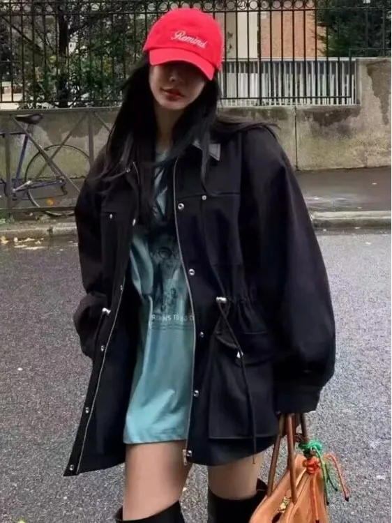 Retro Hong Kong Style Chic Long Coat Women's Autumn Winter Spring Outerwear with Drawstring Collar And Large Pockets