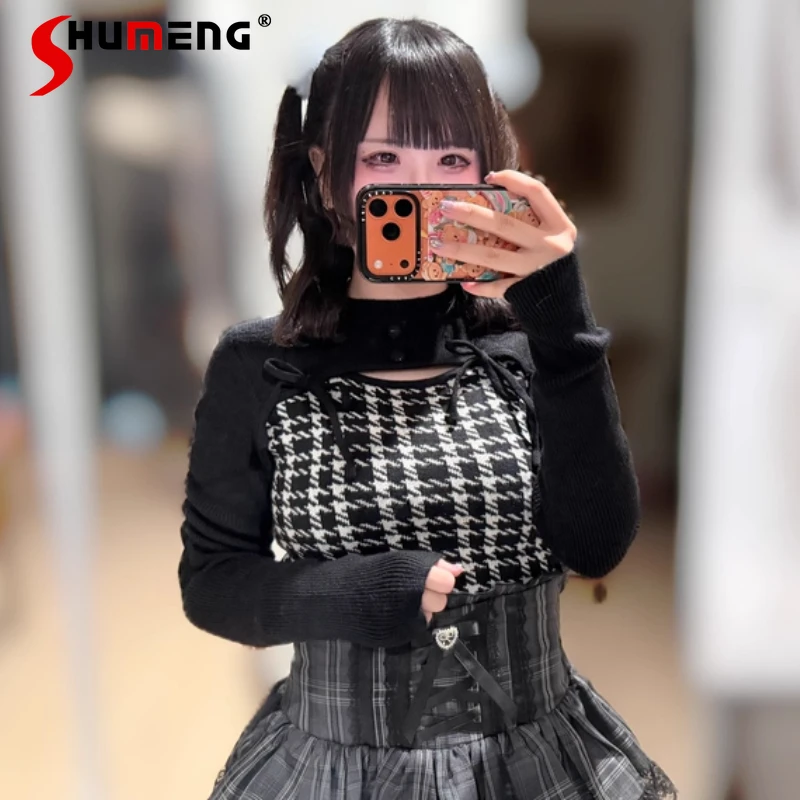 

Японский прозрачный стиль Rojita, кружевной трикотаж, осень-зима, новый вязаный свитер с узором «гусиные лапки», с открытой грудью и галстуком, кукла, нижнее пальто