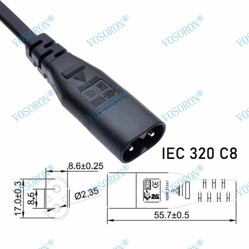 IEC 320 C8 Male Plug to C7 Female Connector AC Power Cord , Type Figure 8 Power Extension Cable