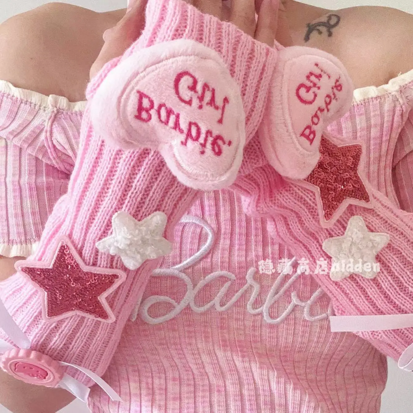 Personality Girl Original Pink Y2k Gloves Spring and Autumn Cute Girl Heart Sweet Sister Dew Finger Subculture Knitted Sleeves
