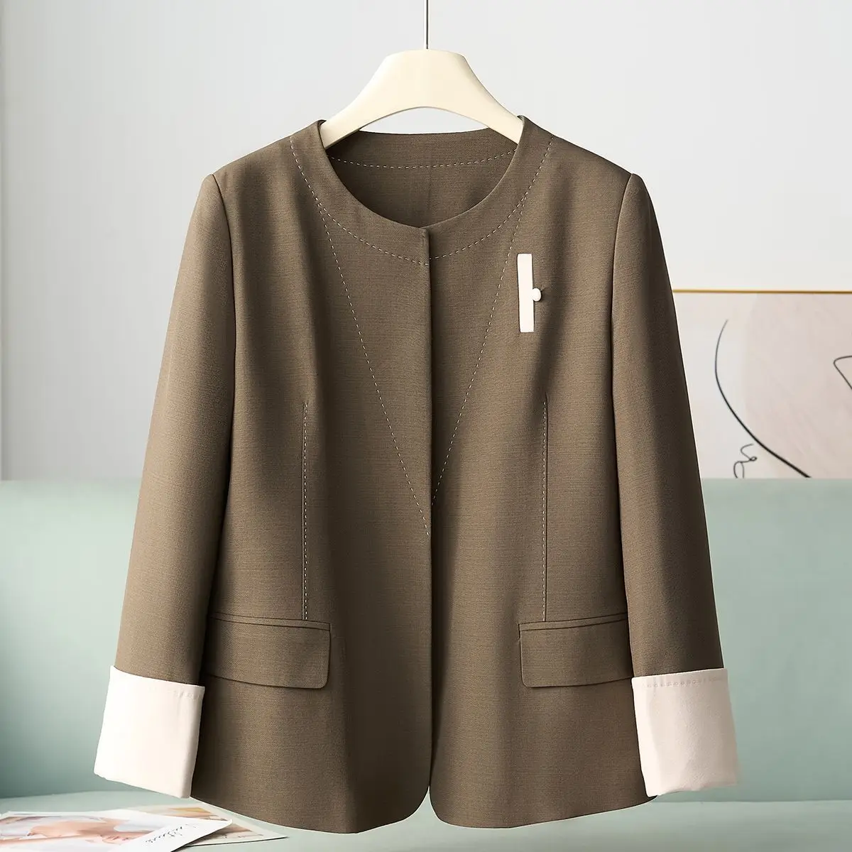 Autumn and Winter New Round Neck Simple Open Line Suit Jacke Fragrance Style High-End Coat