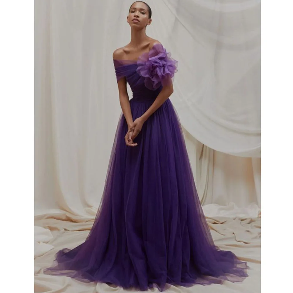 2024 Elegant New in Purple Women Prom Dresses Strapless Floor Length A-Line Fancy Flower High End Female Evening Party Gowns